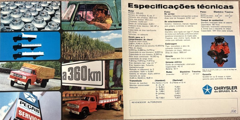 IMG_7351 | Merrick Auto Museum Collage from a vintage vehicle brochure: various trucks, a 360 km sign, sugarcane field, and a page of technical specifications.