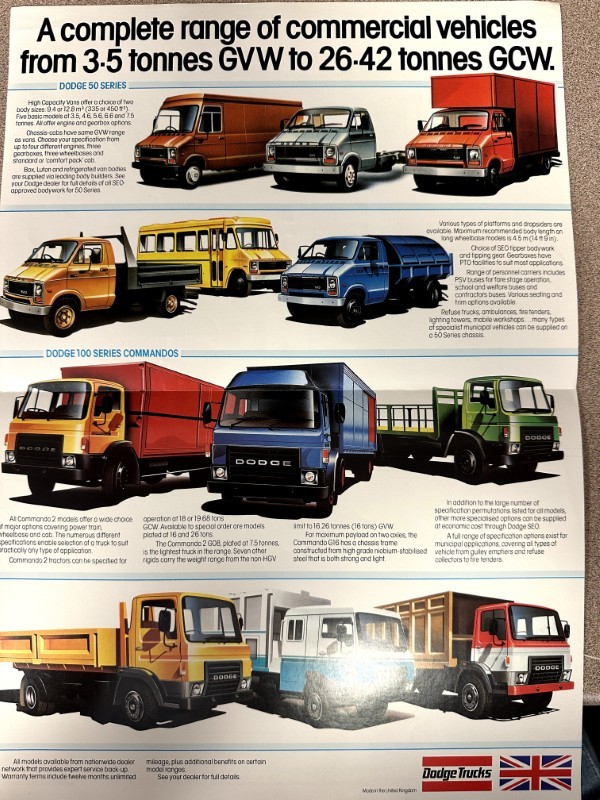 IMG_7356 | Merrick Auto Museum Advertisement page showing a lineup of Dodge trucks ranging from light to heavy duty (3.5–42 tonnes GVW) in multiple colors/figures.
