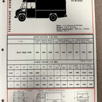 IMG_7365 | Merrick Auto Museum Dodge KC 30-series data sheet for a bus/van, showing engine info, weights, dimensions, and diagrams.