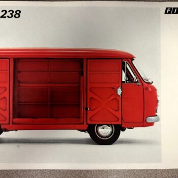 IMG_7391 | Merrick Auto Museum Red vintage Fiat 238 panel van shown in side view with cargo doors open, exposing the empty interior cargo space.