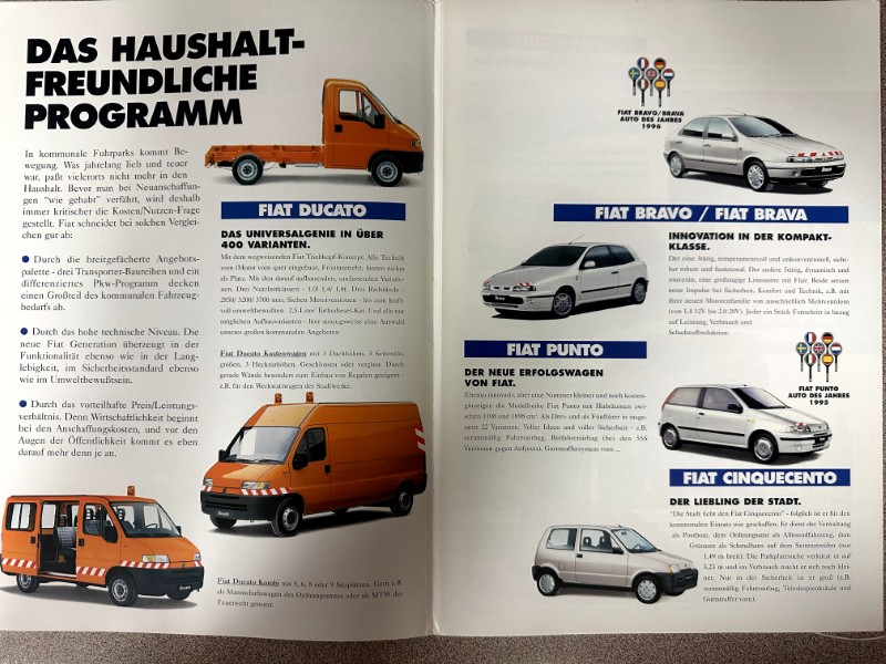 IMG_7505 | Merrick Auto Museum Two-page Fiat advertisement spread in German showing a orange Ducato van, white delivery vans, and cars with captions.