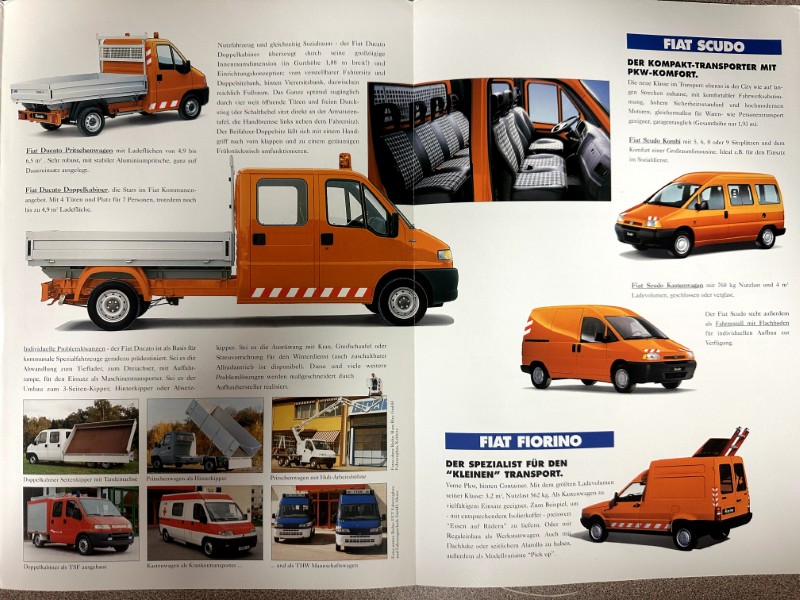 IMG_7506 | Merrick Auto Museum Open brochure spread featuring orange Fiat van models (Ducato/Fiorino) with side profiles, interior photos, and captions showcasing cargo and passenger variants.