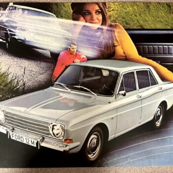 Collage advertisement showing a white Ford 12M sedan on a blue surface with a man in red and a giant woman in yellow in the background.