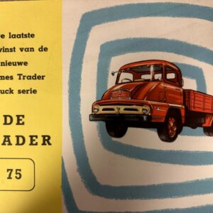 Magazine cover for De Trader issue 75. Left yellow panel with Dutch text; right shows a red vintage truck against a blue spiral background.