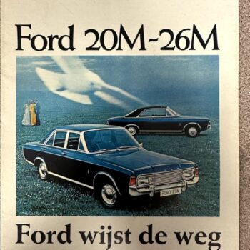 Ford 20M-26M advertisement showing two vintage Ford cars on a grassy field, with the Dutch slogan 'Ford wijst de weg' at the bottom.