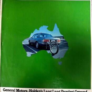 Poster for General Motors-Holden's Lang Lang Proving Ground, with Holden and GMH logos, a green background, and a cutout of Australia showing a car and bicycle.