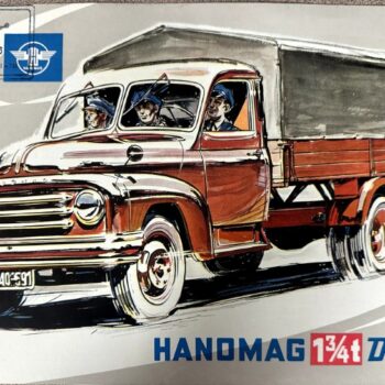 Illustrated vintage Hanomag 1 3/4-ton Diesel truck with red cab and gray covered cargo area; ad poster style.