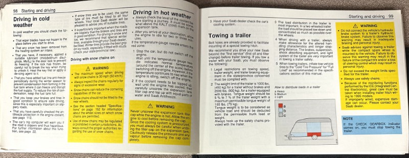 IMG_8511 | Merrick Auto Museum Open double-page spread of a driver’s manual about starting and driving in cold weather, with yellow warning boxes and a small trailer diagram on the right.