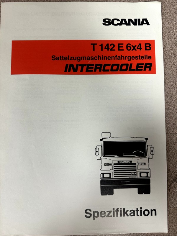 IMG_8527 | Merrick Auto Museum Scania brochure cover for T 142 E 6x4 B Intercooler with a truck illustration and Spezifikation title.