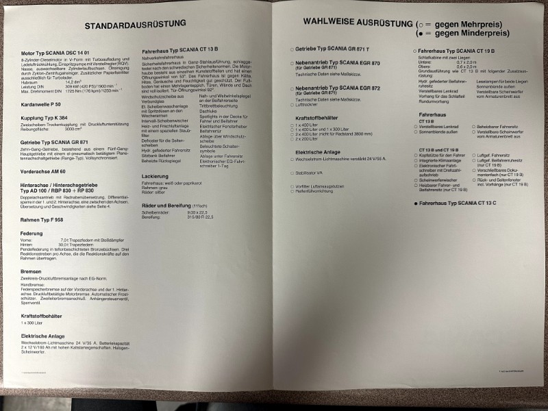 IMG_8528 | Merrick Auto Museum Open book spread showing two pages of a German vehicle equipment catalog with sections 'Standardausrüstung' and 'Wahlweise Ausstattung'.