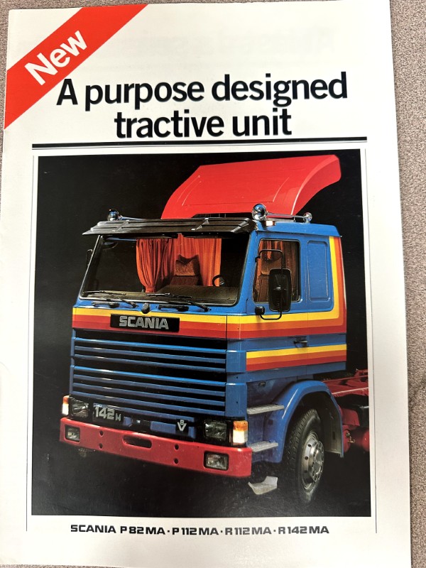 IMG_8530 | Merrick Auto Museum Cover advertisement featuring a blue Scania truck with red hood and rainbow stripes, under the headline 'New A purpose designed tractive unit' and model line at bottom