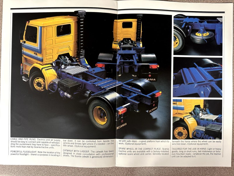 IMG_8531 | Merrick Auto Museum Collage of a yellow Scania truck cab on a blue chassis: main view shows the blue frame and rear axles, with three close-up panels of the wheel, frame, and cab connection.