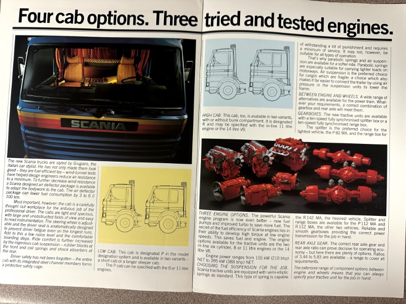 IMG_8532 | Merrick Auto Museum Two-page spread comparing four Scania cab options and three engine choices with photos and diagrams used in a truck brochure.