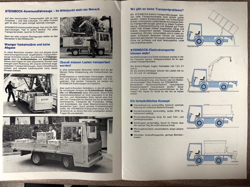 IMG_8563 | Merrick Auto Museum Doppelseite eines Prospekts zu STEINBOCK-Kommunalfahrzeuge: informative Textblöcke begleitet von Foto- und Fahrzeugabbildungen auf beiden Seiten.