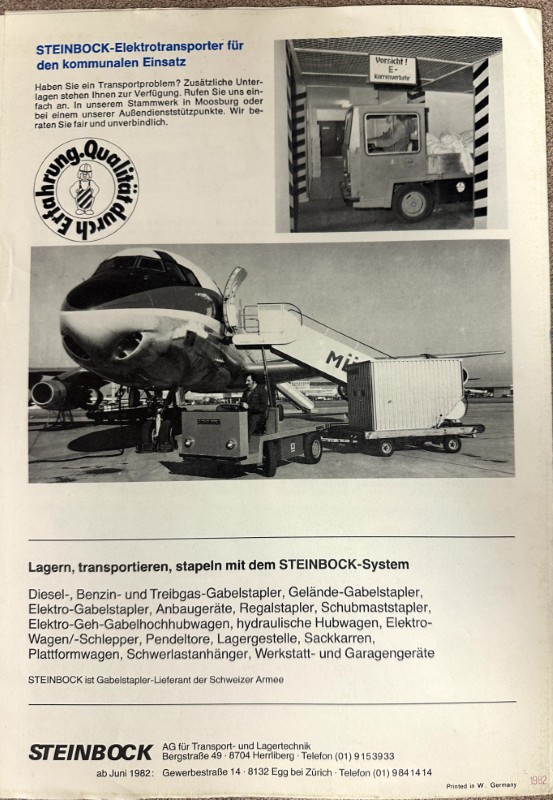 IMG_8564 | Merrick Auto Museum German brochure page about Steinbock electric transporters; top image shows a striped loading vehicle, bottom image shows a jet being loaded with a mobile ramp.