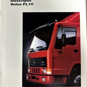 Front view of a red Volvo FL10 truck on a white brochure page labeled 'Descriptif Volvo FL10' with a Volvo logo at the bottom right.