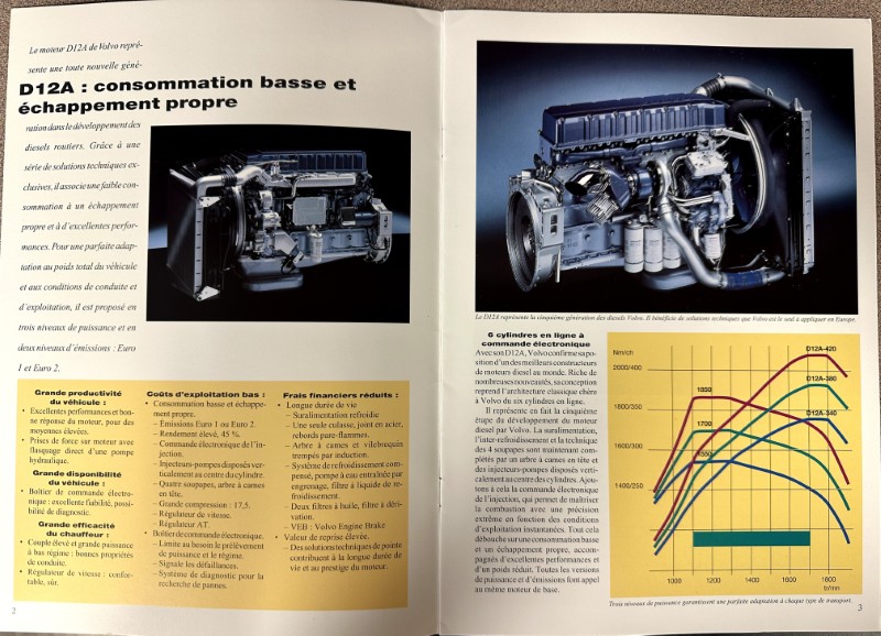 IMG_8680 | Merrick Auto Museum Spread from a technical brochure showing D12A engine with cutaway diagrams on both pages; left page has a title and text, right page shows another engine image and a performance chart.