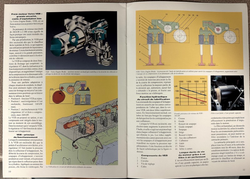IMG_8681 | Merrick Auto Museum Two-page technical spread showing engine cutaway diagrams and labeled parts, with French explanatory text and a small photo of engine components on the left and a schematic diagram on the right.