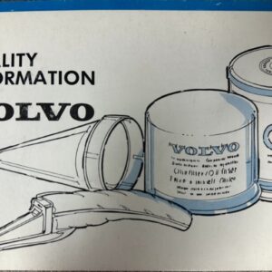 Illustration showing Volvo oil products—two oil cans, a filter, and a funnel with the text 'OIL QUALITY INFORMATION'.