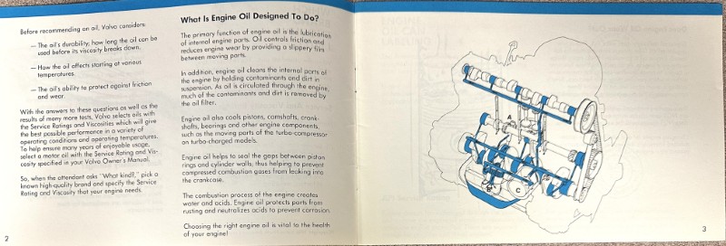 IMG_8701 | Merrick Auto Museum Open book spread about engine oil design; left page has text, right page features a blue cutaway diagram of an engine's lubrication system.