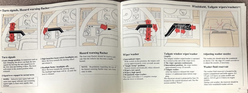 IMG_8705 | Merrick Auto Museum Two-page car manual spread showing turn signals, hazard flasher, wiper/washer controls, tailgate wipers, and nozzle adjustments.