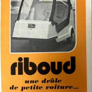 Orange advertisement poster featuring a small white car with a black canopy, bold 'riboud' text, and the caption 'une drôle de petite voiture...'