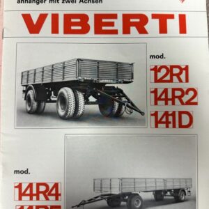 VIBERTI two-axle trailer page showing a flatbed trailer with dual rear wheels and hitch, models listed 12R1, 14R2, 14D1/D0 (multilingual headings).