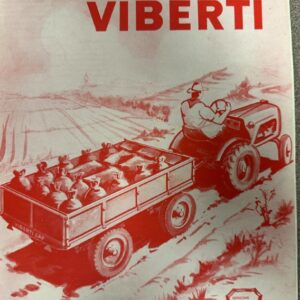 Vintage Viberti agricultural trailer brochure cover featuring a tractor pulling a full wagon of workers in a field scene.