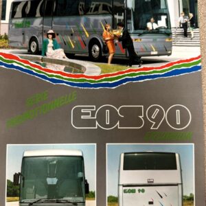 Promotional brochure for EOS 90 Excursion bus; a modern coach with colorful stripes, people, and two inset front/rear views.