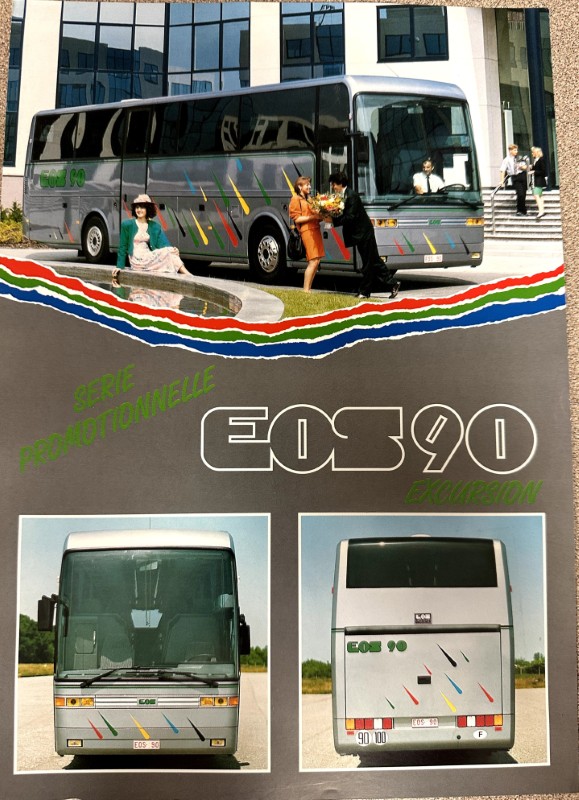 IMG_8727 | Merrick Auto Museum Promotional brochure for EOS 90 Excursion bus; a modern coach with colorful stripes, people, and two inset front/rear views.