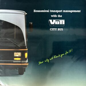 Front view of a city bus advertisement on a dark blue background, featuring the text 'Economical transport management with the VOL CITY BUS' and a yellow handwritten slogan along the bottom edge.
