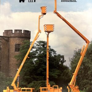 Orange hydraulic boom lifts on trucks are raised at different heights beside a castle wall, advertising for WUMAG ELEVANT.