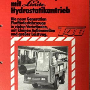 Red promotional poster for Wiedemann industrial transporter with Linde hydrostatic drive; features a black-and-white photo of a compact front-end truck (T40).