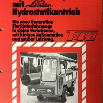 IMG_8735 | Merrick Auto Museum Red promotional poster for Wiedemann industrial transporter with Linde hydrostatic drive; features a black-and-white photo of a compact front-end truck (T40).