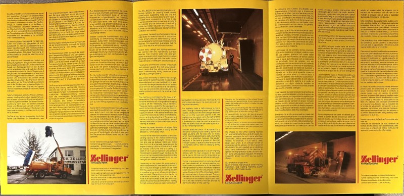 IMG_8744 | Merrick Auto Museum Two-page yellow magazine spread with many columns of text and multiple industrial photos, including a large machine in a tunnel and a tractor-like vehicle; Zellinger logos appear.
