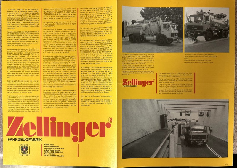 IMG_8745 | Merrick Auto Museum Two-page yellow Zellinger brochure with French/German text, a large red Zellinger logo, three black-and-white fire-truck photos, and an indoor workshop image.
