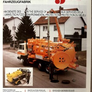 Magazine cover showing an orange waste suction truck on a residential street, with a smaller yellow vehicle image and multilingual captions about environmental protection.