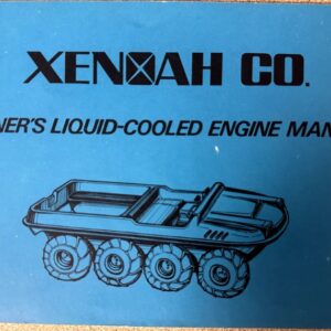 Blue manual cover with bold 'XENNAH CO.' and subtitle 'Owner's Liquid-Cooled Engine Manual' and a line drawing of a six-wheeled tracked vehicle below it.