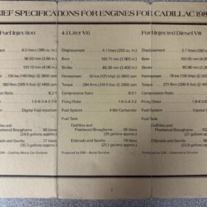Three-column page listing 1981 Cadillac engine specs: V8-6-4 fuel injection, 4.1 L V6, and fuel-injected Diesel V8.