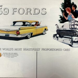 Vintage 1959 Ford advertisement showing a yellow convertible, a chrome car front, and a couple in 1950s attire with the slogan 'The World's Most Beautifully Proportioned Cars'.