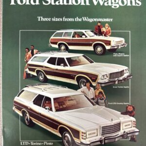Cover of a 1975 Ford Station Wagons brochure showing three wood-paneled wagons on a green background with people around them.