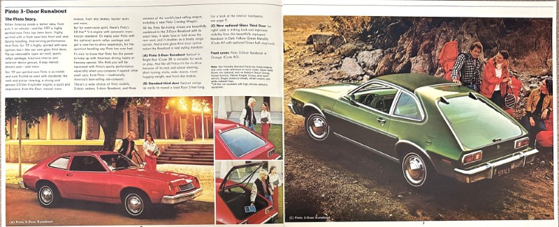 IMG_8878 | Merrick Auto Museum Collage from a Pinto ad featuring a lime-green 3‑door hatchback by a rocky coast with bystanders examining it and a red coupe in another photo.