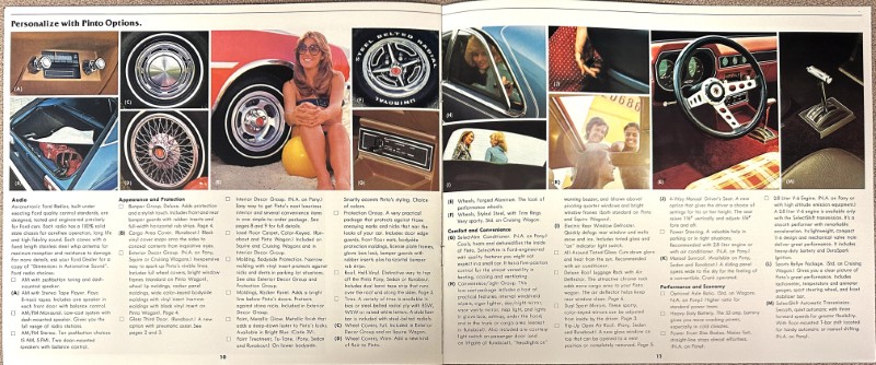 IMG_8879 | Merrick Auto Museum Collage from a Pinto customization catalog showing wheels, interior parts, steering wheel and accessories around a model posing.