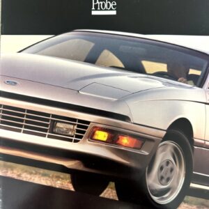 Front-quarter view of a silver 1992 Ford Probe on a brochure page, showing the grille, headlights, and front wheel.