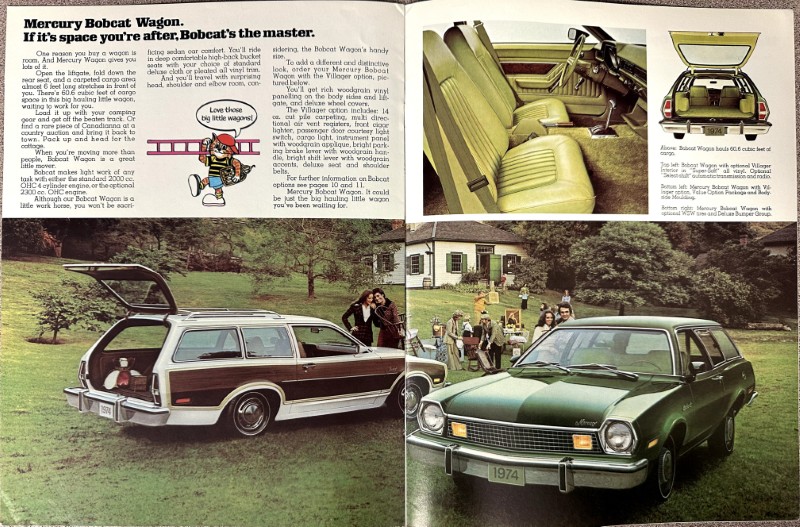 IMG_8984 | Merrick Auto Museum Vintage Mercury Bobcat Wagon advertisement collage: top left column with headline text and a small cartoon, top right shows the tan leather interior and rear cargo area with the hatch open, bottom left features a wood‑panel station wagon with its rear hatch up in a grassy yard, and bottom right depicts a green 1974 model with a family in the yard by the car.