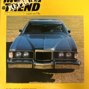 Motor Trend magazine cover (August 1973) featuring a front view of a blue 1974 Mercury Cougar XR-7 on a yellow background.