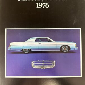 Cover of a 1976 Mercury Meteor brochure, with a light blue car illustration on a purple background.