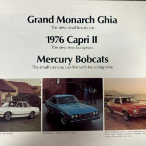 Advertisement page for Grand Monarch Ghia, 1976 Capri II, and Mercury Bobcats with three car photos below the headings.