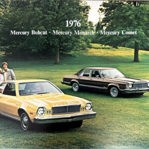 1976 Mercury lineup on a grassy lawn with a yellow coupe and brown sedan, couple strolling in background, trees frame the scene.