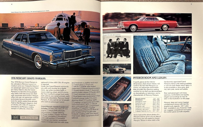 IMG_9020 | Merrick Auto Museum Blue 1978 Mercury Grand Marquis on a tarmac beside a small jet, with people nearby, in a car brochure spread (left page).